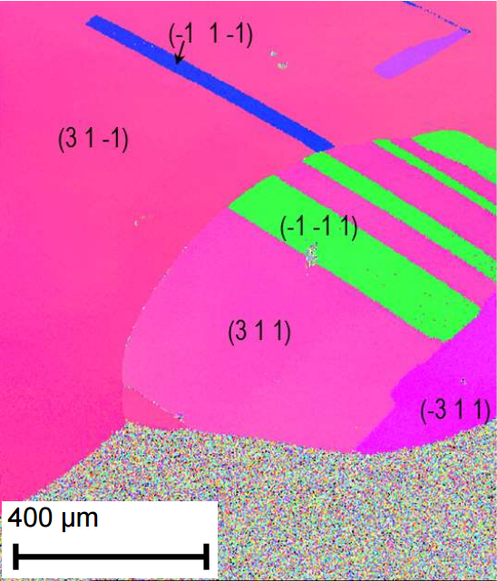Figure 4: EBSD data confirms the single-crystal nature of the large Cu grains shown for example in Figure 3. In collaboration with Prof. Rodney Ruoff and Dr. Bao-Wen Li. 