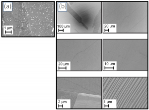 Figure 2: SEM images of CVD graphene on Cu foil. (a) Using traditional CVD graphene system: The ‘white dots’ are SiO2 , CuOx, and other particulates that have polluted the graphene film. (b) Using EasyGraphene™ system > 1000 X less particulates are observed.